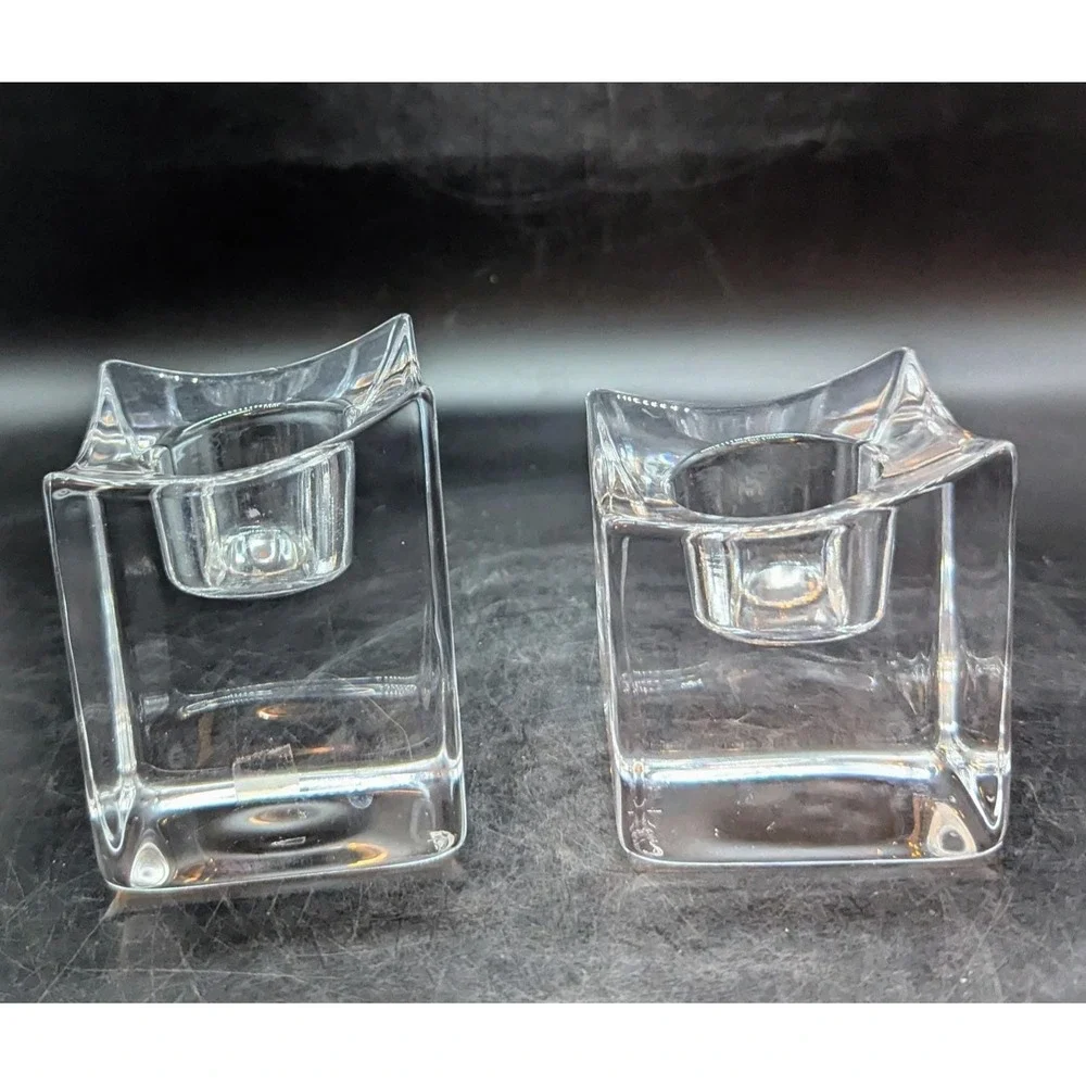 Set of 2 Orrefors Crystal Polaris Clear Votive Candle Holders Square Ice‎